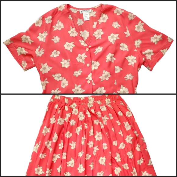 90s skirt shirt floral light v-neck short sleeve midi stretch A-line coral wm 16 - Picture 1 of 11